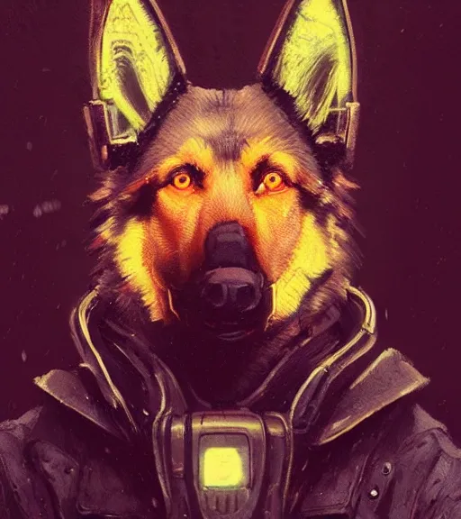 Image similar to new york city portrait of furry anthro anthropomorphic german shepard head animal person fursona wearing clothes strange cybernetic muzzle gloomy rainy cyberpunk digital art by Greg Rutkowski, Simon Stalenhag, christopher nolan trending on Artstation, CGSociety