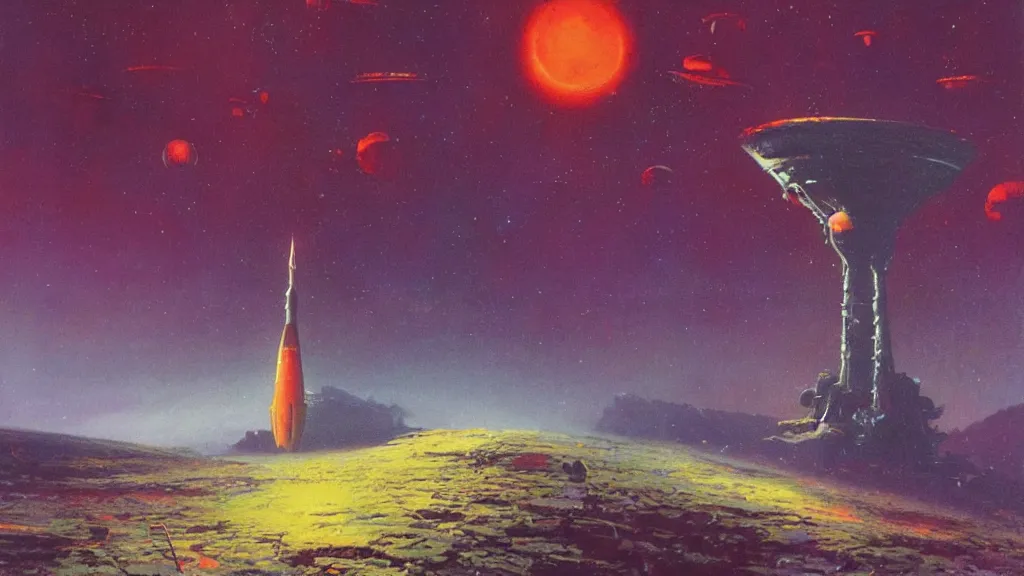 Image similar to a tall rocketship landing on a strange eerie alien planet by Paul Lehr and Bruce Pennington