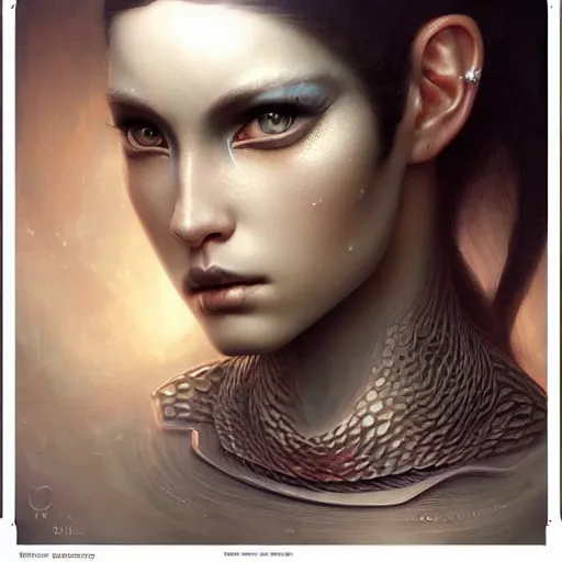 Image similar to ultra realist soft painting of a single attractive alien female, black scales, symmetry accurate features, very intricate details, focus, curvy, artstyle Hiraku Tanaka and Tom Bagshaw, award winning