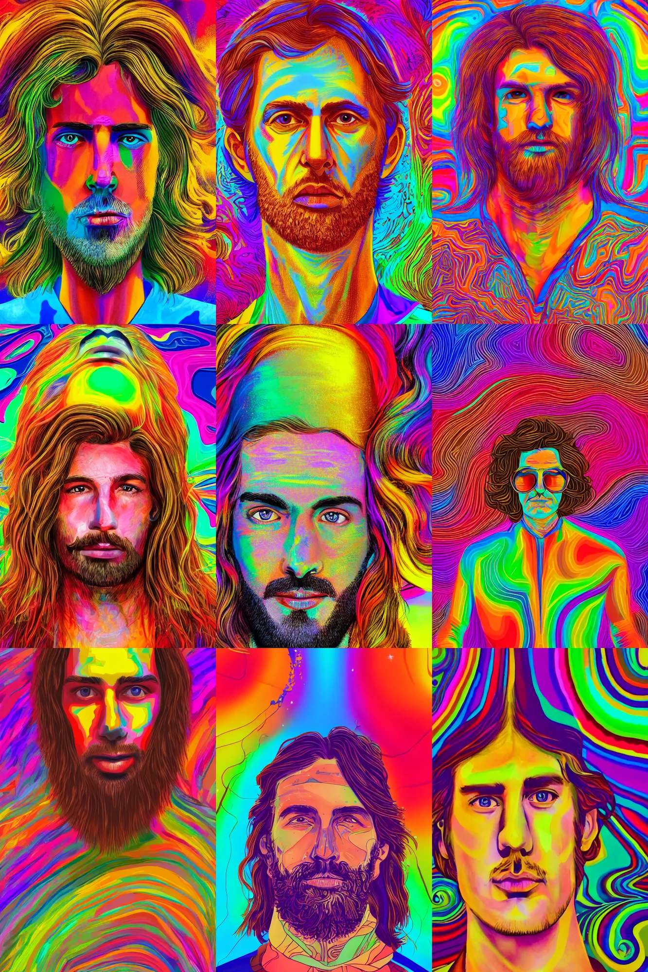 Prompt: a colorful vibrant closeup portrait of a simple Australian man with medium length wavy brown hair and dreaming psychedelic hallucinations, colorful flat surreal design, hd, 8k, artstation