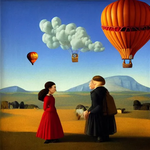 Image similar to a girl and her horse enjoy a hot-air balloon show by Raphael, Hopper, and Rene Magritte. detailed, romantic, enchanting, trending on artstation.