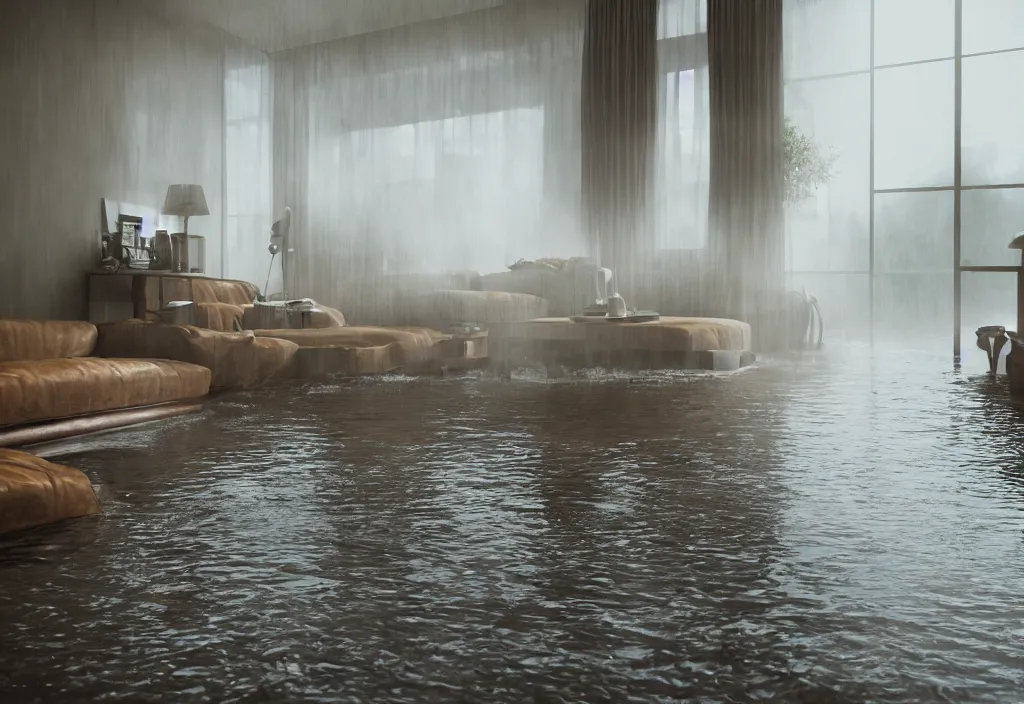 Image similar to kodak portra 4 0 0 photographic and realistic, 7 0 s living room, detailed, octane render, unreal engine, 4 k, artstation, hyper realistic, wide angle, floor flooded, how a river, objects that float, 3 5 mm, sharp focus, soft light, volumetric light fog, in the style of gregory crewdson