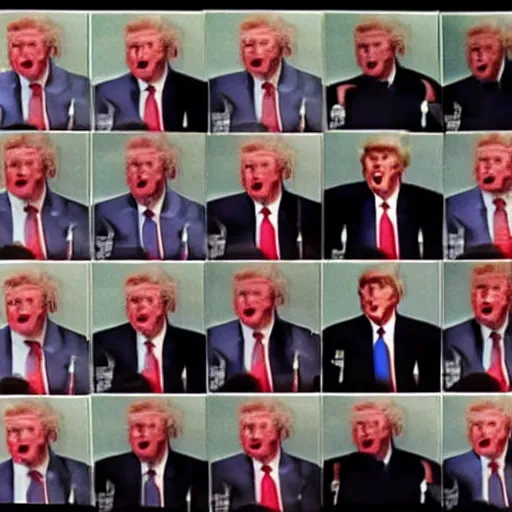 Prompt: CCTV footage of an entire room filled with Donald Trump clones staring at the camera, creepy, nightvision, screencapture