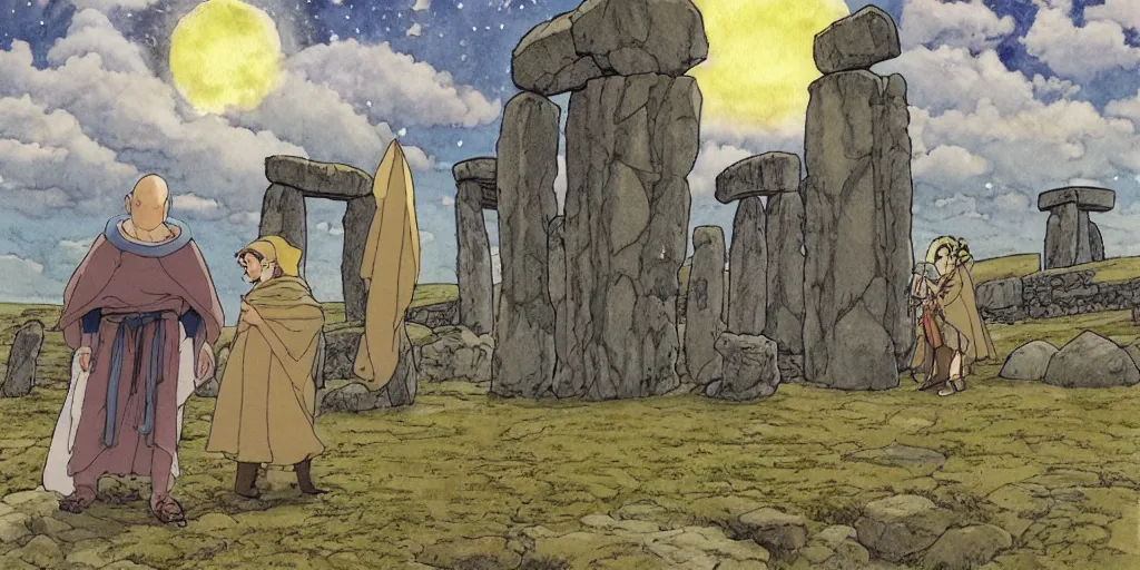 Prompt: a hyperrealist studio ghibli watercolor fantasy concept art of a giant medieval monk and a small grey alien in stonehenge with a starry sky in the background. a giant gold ufo is floating in the air. by rebecca guay, michael kaluta, charles vess