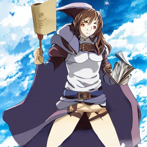 Prompt: A female wizard with brown hair wearing a blue hood and blue robe holding a book in the style of the goblin slayer anime