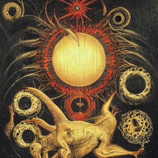 Image similar to whimsical freaky creature sings a unique canto about \'as above so below\' being ignited by the spirit of Haeckel and Robert Fludd, breakthrough is iminent, glory be to the magic within