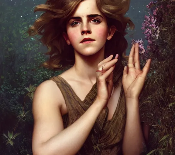 Image similar to photography of hairy emma watson with hands - up, deep focus, intricate, elegant, highly detailed, digital painting, artstation, concept art, matte, sharp focus, illustration, art by artgerm and greg rutkowski and alphonse mucha and gil elvgren