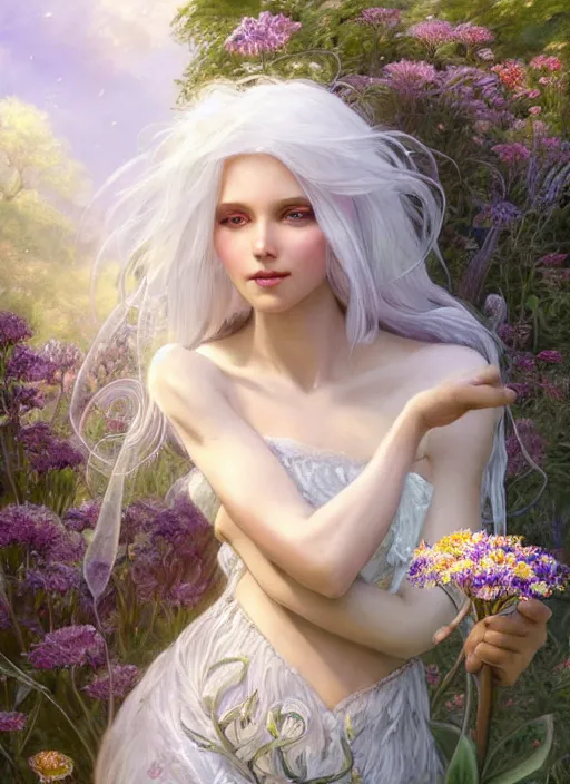 Image similar to a beautiful white haired woman as a fairy princess in a garden holding a bunch of wild flowers, deep focus, d & d, fantasy, intricate, elegant, highly detailed, digital painting, artstation, concept art, matte, sharp focus, illustration, hearthstone, art by artgerm and greg rutkowski and alphonse mucha