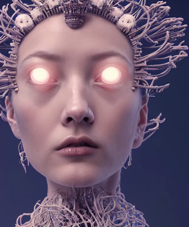 Prompt: symmetrical goddess close-up portrait wigh crown made of skulls. betta fish, phoenix, bioluminiscent creature, intricate artwork by Tooth Wu and wlop and beeple. octane render, trending on artstation, greg rutkowski very coherent symmetrical artwork. cinematic, hyper realism, high detail, octane render, 8k