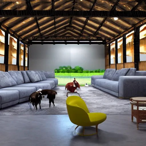 Image similar to interior view of modern futuristic farm barn architecture and interior design, lounge chairs, sofas, cows, chickens, pigs, wall art, detailed luminescent oil painting 4 k