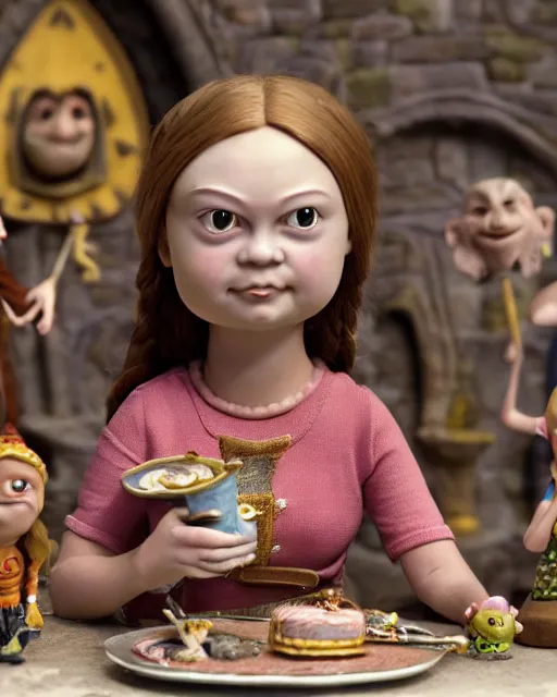Prompt: highly detailed closeup, face profile portrait of a tin toy greta thunberg as a medieval goblin eating cakes in a castle, bikini, depth of field, nicoletta ceccoli, mark ryden, lostfish, dan decarlo, bob clampett, max fleischer, detailed and intricate environment, 8 k resolution, hyperrealistic, octane render