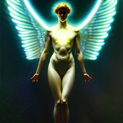 Prompt: tron angel, innocent face, psychedelic lsd, diffuse lighting, hyper realistic, elegant, intricate, hyper detailed, smooth, sharp focus, concept art, illustration, trending on artstation, art by john collier, artem demura, greg rutkowski, james gurney, and alphonse mucha