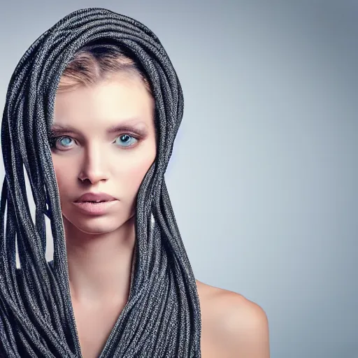 Image similar to A photo of a caucasian female model with cables instead of hair