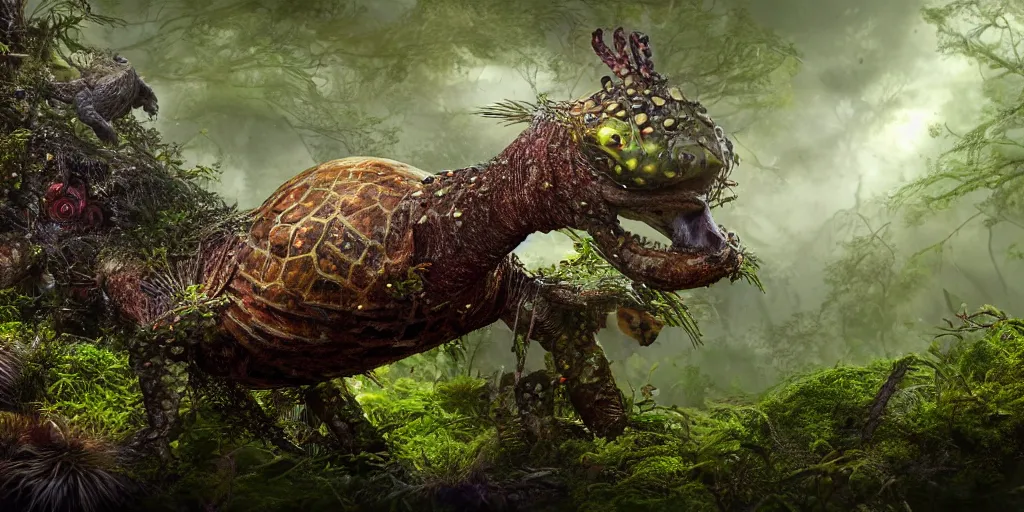 Image similar to a bird turtle giraffe mushroom jelly machine hybrid creature monster with metal scales feathers fur moss spines knobs, rich diverse lush alien world, fantasy, science fiction, dramatic lighting, in the style of national geographic, ken barthelmey, patrick woodroffe, illustration, octane render