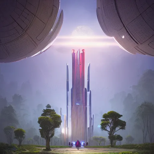 Prompt: futuristic tower temple between big green trees, planets in the sky, dramatic lighting, artstation, matte painting, raphael lacoste, simon stalenhag, frank lloyd wright