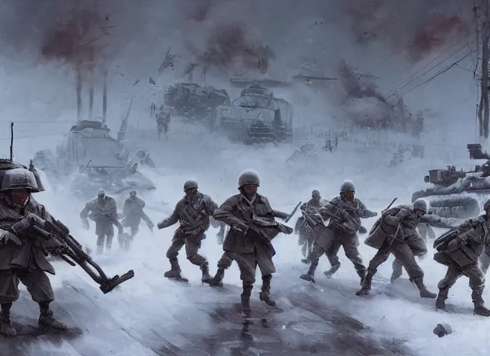 Image similar to soviet soldiers fighting against nazi monstrous robots in world war two eastern front setting, dieselpunk, winter concept art, artstation, stephen bliss, unreal engine, art by greg rutkowski, pixar, global illumination, radiant light, detailed and intricate environment