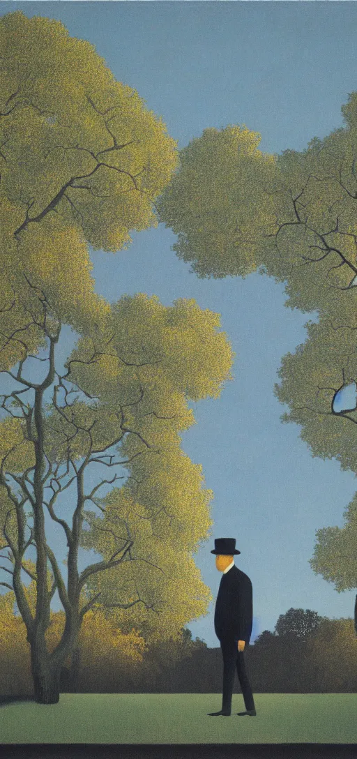 Image similar to Philosopher walking in the park on an Autumn day at sunset by Rene Magritte. Leaves falling. Shadows.