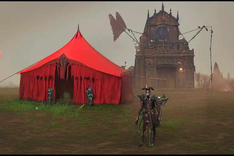 Image similar to 3d sculpt of a dark fantasy gothic circus tent, artstaton, League of Legends, red dead redemption2, overwatch, digital illustration