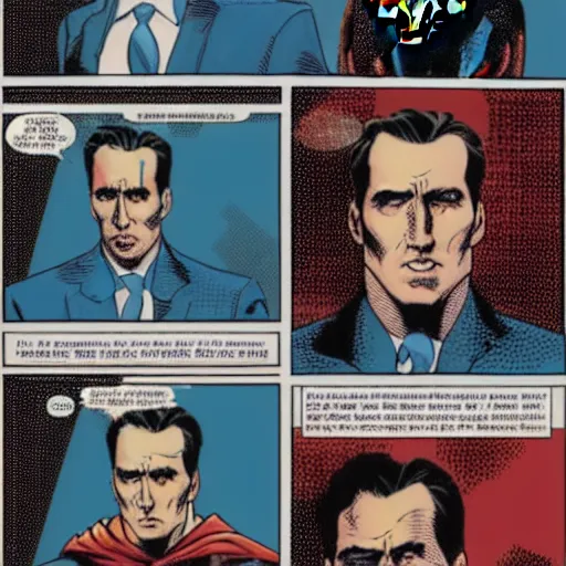 Image similar to Nicholas Cage Superman comic book. Marvel comics art style. Halftone