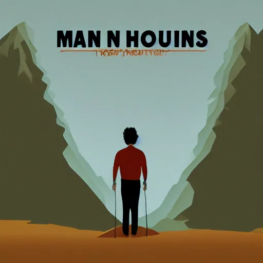 Prompt: man standing up in the mountains, album cover design illustration digital art