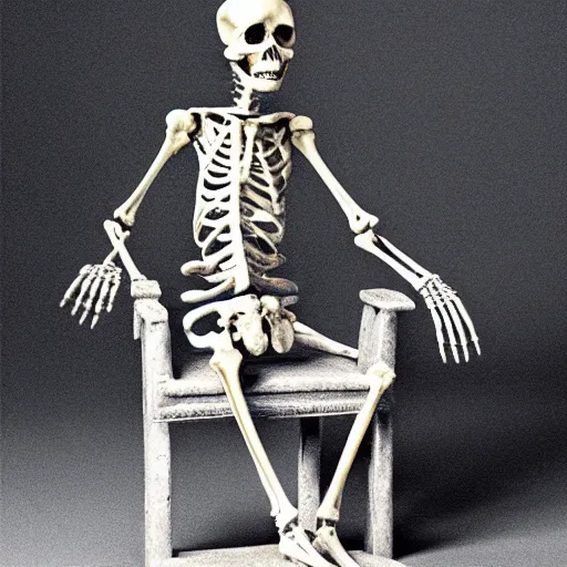 Prompt: an old skeletal figure sitting upon a throne