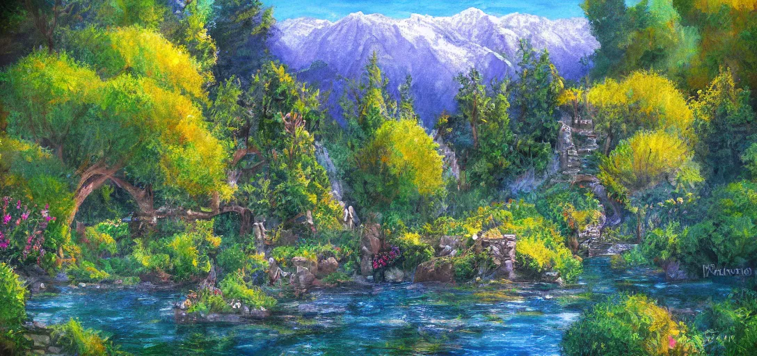 Image similar to Rivendell landscape painted by a five-year old, digital painting