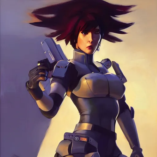 Image similar to greg manchess portrait painting of partially armored motoko kusanagi as overwatch character, medium shot, asymmetrical, profile picture, organic painting, sunny day, matte painting, bold shapes, hard edges, street art, trending on artstation, by huang guangjian, gil elvgren, ruan jia, greg rutkowski, gaston bussiere