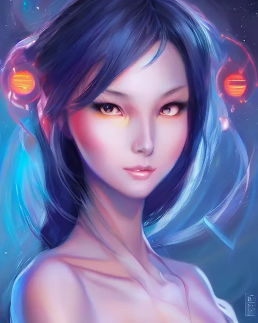 Image similar to A realistic anime portrait of a beautiful cosmic woman with glowing blue eyes and cosmic skin wearing clothes made of universes, digital painting, by Stanley Artgerm Lau, Sakimichan, WLOP and Rossdraws, digtial painting, trending on ArtStation, SFW version