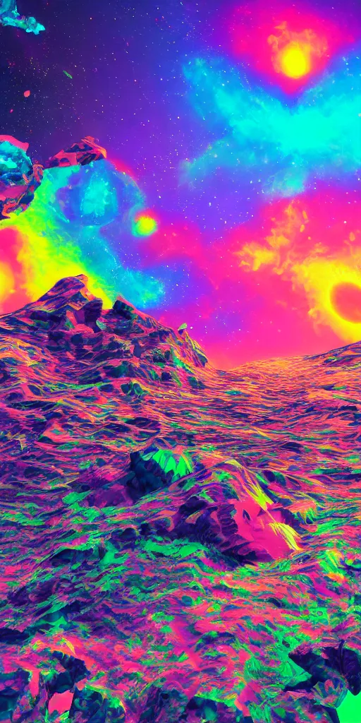 Image similar to partially disintegrated stone drifting in outer space with a colorful trail, psychedelic art, vaporwave art, glitchcore art, detailed, 8 k, trending on artstation