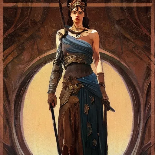 Image similar to a tall woman with dark hair with a crown on her head and a spear in her hand , highly detailed, digital painting, Artstation, concept art, smooth, sharp focus, illustration, art by Greg Rutkowski, Alphonse Mucha