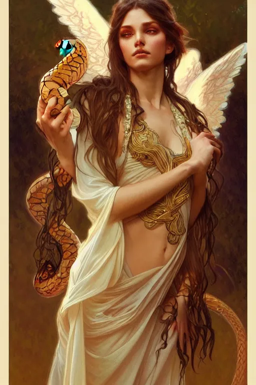 Image similar to group of angels dancing with snakes, fantasy, amber eyes, face, long hair, intricate, elegant, highly detailed, digital painting, artstation, concept art, smooth, sharp focus, illustration, art by artgerm and greg rutkowski and alphonse mucha