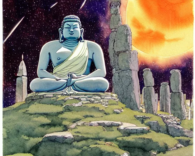 Prompt: a hyperrealist studio ghibli watercolor fantasy concept art of a giant long haired buddha in lotus position in stonehenge with a starry sky in the background. a giant rocket ship from independence day ( 1 9 9 6 ) is floating in the air. by rebecca guay, michael kaluta, charles vess