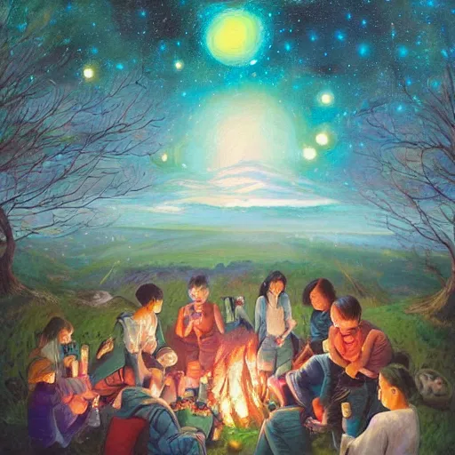 Image similar to A beautiful painting of a group of people gathered around a fire. They are all looking up at the night sky, where a bright star is shining beige by Hikari Shimoda eclectic