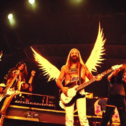 Prompt: jesus, rock guitar, on stage, wings of fire, power ballad, wideshot, crowd cheering