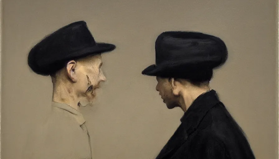 Image similar to painting by borremans, man agent in a black coat and black hat, detailed, stunning