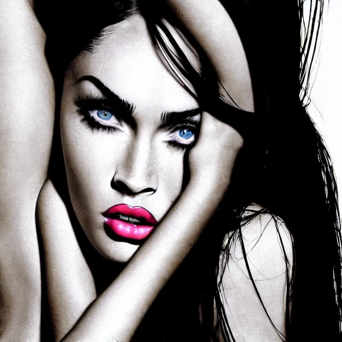 Image similar to photography face portrait of a beautiful woman like megan fox, black and white photography portrait with beautifull oil vivid color painted strokes on top, skin grain detail, high fashion, studio lighting film noir style photography, by nobuyo araki, richard avedon, and paolo roversi, nick knight, hellmut newton,, on a tropical wallpaper exotic patern background