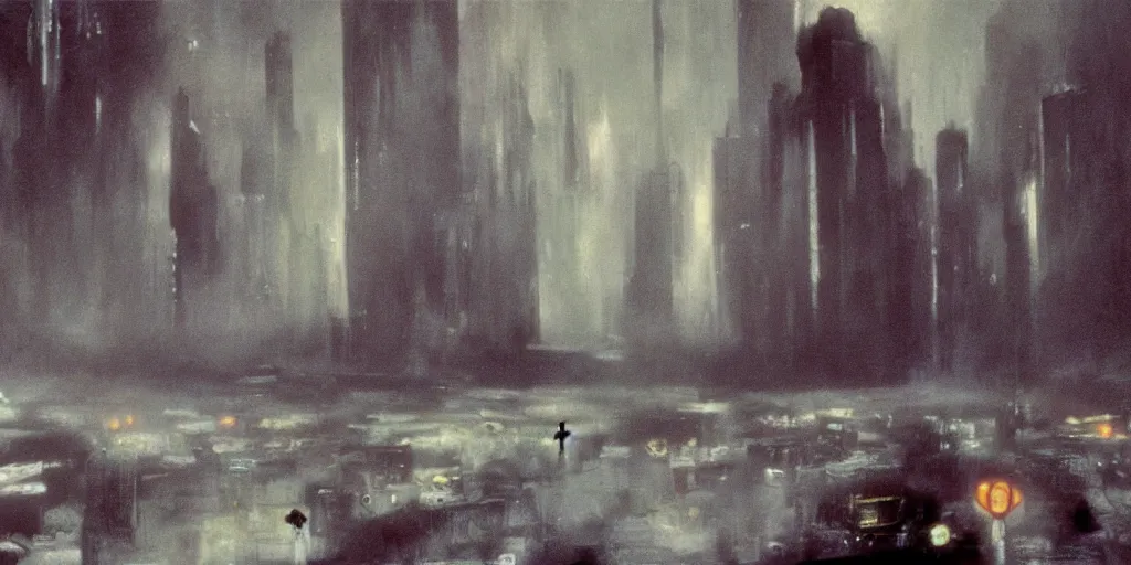 Prompt: A still from Blade Runner (1982) painted in the style of Yves Tanguy