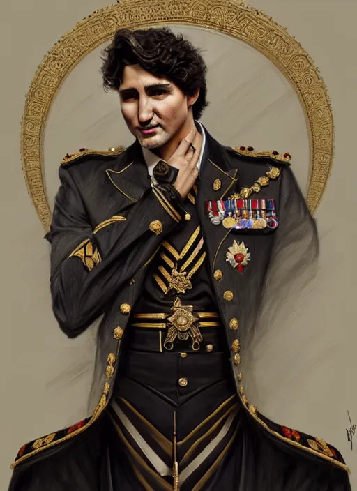 Prompt: portrait of supreme leader justin trudeau, royalty, extravagant, lord, full body, military uniform, fantasy, intricate, elegant, beautiful, highly detailed, charcoal, centered, dark, smokey, digital painting, artstation, concept art, art by artgerm and greg rutkowski and alphonse mucha