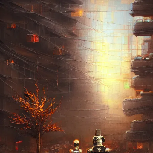 Prompt: beautiful detailed religious oil painting of robotic saints in an urban cyberpunk wasteland