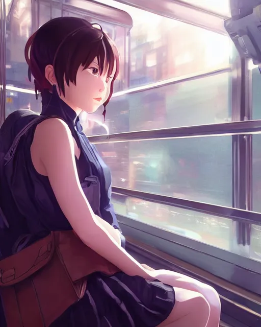 Image similar to a lonely girl sitting on the new york subway, full shot, ambient lighting, detailed face, by makoto shinkai, stanley artgerm lau, wlop, rossdraws