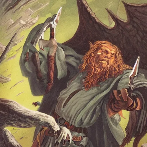 Prompt: A stoic owlin man with a monacle who is headmaster of a school, with an injured left eye and spellbook in one feathered hand, Dungeons and Dragons concept art by Larry Elmore