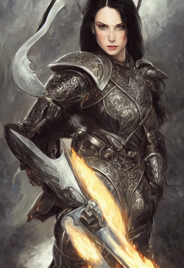 Image similar to portrait of a woman dressed in plate armor with black hair and blue eyes wielding a greatsword, elegant, digital illustration, fire magic, detailed, intricate, sharp focus, digital painting, deep focus, digital painting, artstation, concept art, matte, art by artgerm and greg rutkowski and alphonse mucha