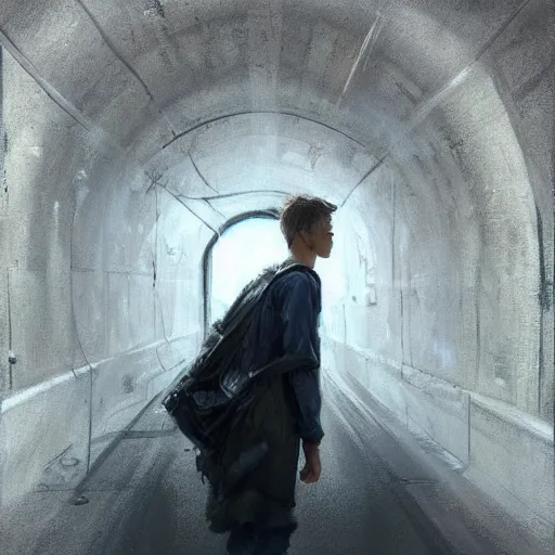 Image similar to epic masterpiece of cinematographic hyperrealism where a worried teenager with depression appears in a tunnel. realistic shaded lighting poster by craig mallismo, artgerm, jeremy lipkin and michael garmash, unreal engine, radiant light, detailed and intricate environment, digital art, art station trends