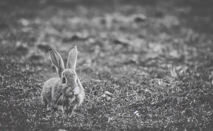 Prompt: rabbit, in motion, blur, action, wood, lomography photo, unfocus, monochrome, 35mm, noise effects filter