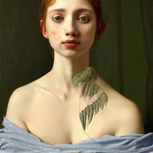 Image similar to a highly detailed, hyper realistic portrait with torso of a red haired young woman, white romantic dress with intricate details, among golden fireflies, long hair, green eyes, hint of freckles, round gentle face, cheeky smile, deep focus, elegant, smooth, sharp, golden ratio, digital painting, art by artemisia lomi gentileschi and caravaggio