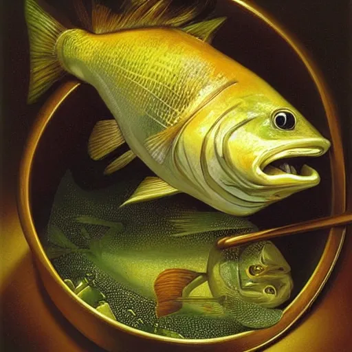 Image similar to a fish on the top of a pile of fish, inside a cooking pot, side view, by vladimir kush, dystopian aer, rococo