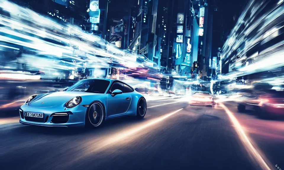 Image similar to photo of a porsche 911 at night drifting through a city, octane render, cinematic, 4k, long exposure photography, tokyo drift, fast and furious, film still, night photography, motion blur, lens flare, movie shot, light trail, distortion, wide angle