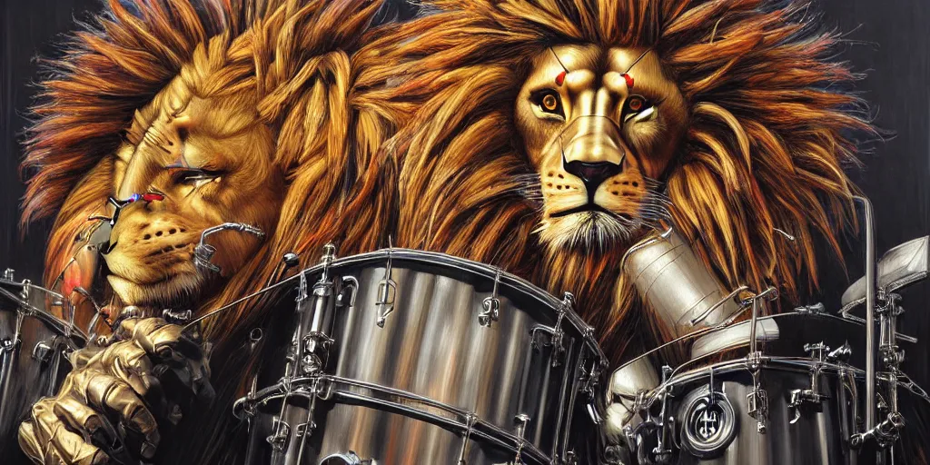 Image similar to a portrait of an anthropomorphic cyberpunk lion playing the drums by sandra chevrier, by jon foster, detailed render, tape deck, epic composition, cybernetics, 4 k realistic, cryengine, realistic shaded lighting, sharp focus, masterpiece, by enki bilal