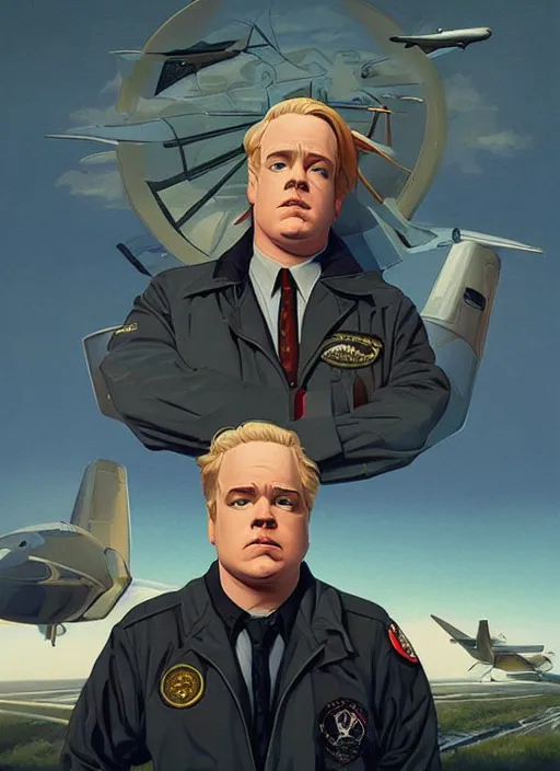 Image similar to poster artwork by Michael Whelan and Tomer Hanuka, Karol Bak of Philip Seymour Hoffman is an airline pilot, from scene from Twin Peaks, clean