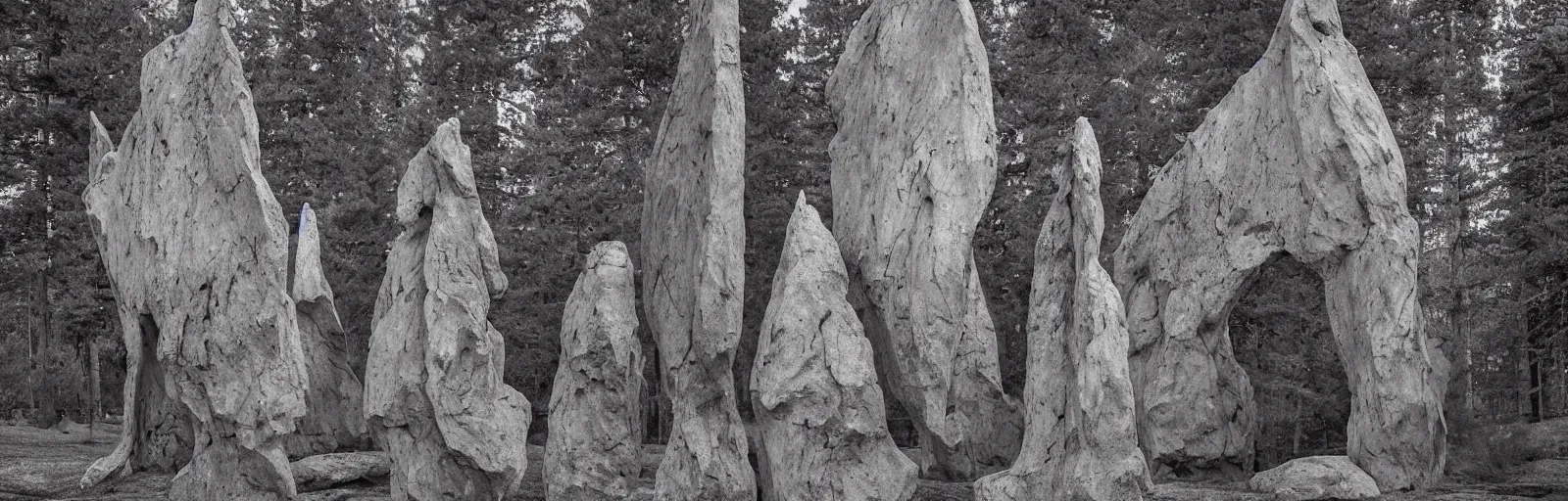 Image similar to to fathom hell or soar angelic, just take a pinch of psychedelic, medium format photograph of two colossal minimalistic necktie sculpture installations by antony gormley and anthony caro in yosemite national park, made from iron, marble, and limestone, granite peaks visible in the background, taken in the night